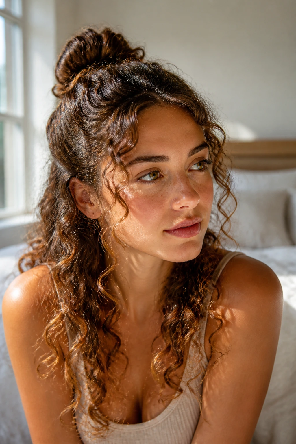 Close-up of a real woman with a half-up bun and face-framing curls.