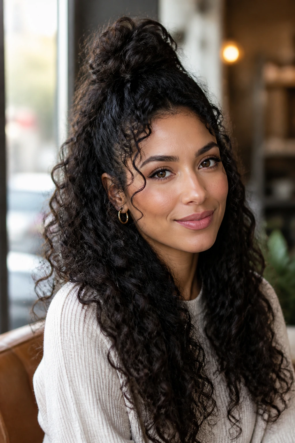 Close-up of a real woman with a half-up bun and long thick curls