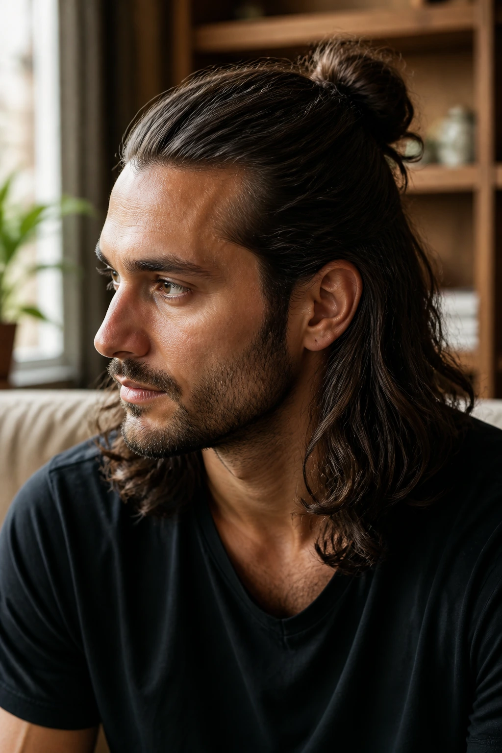 Close-up of a man with a half-up bun hairstyle in warm natural light.