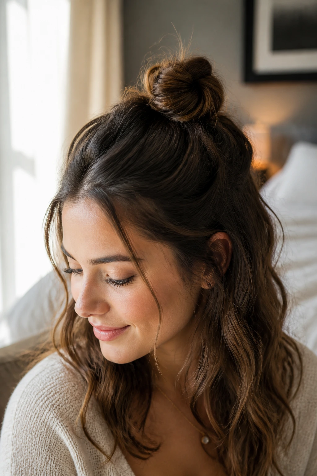 Close-up of half-up messy bun on a real woman with crown knot and loose textured hair