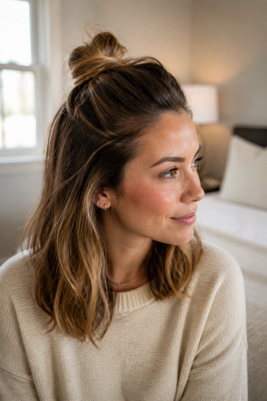 Portrait of a real woman with a half-up mini bun at the crown