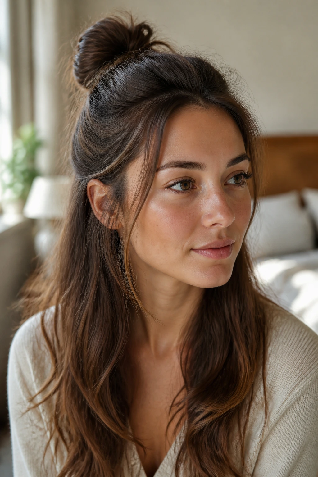 Close-up of a real woman with a half-up bun, top section tied into a bun and flowing lengths below, in warm bedroom light