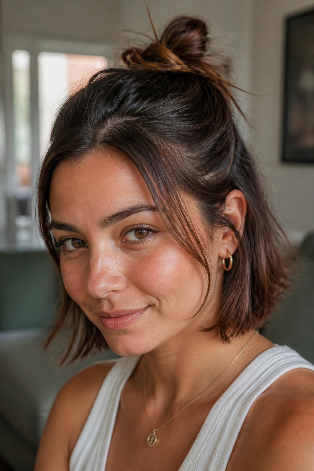 Portrait of a woman with half-up mini bun and loose ends on short hair