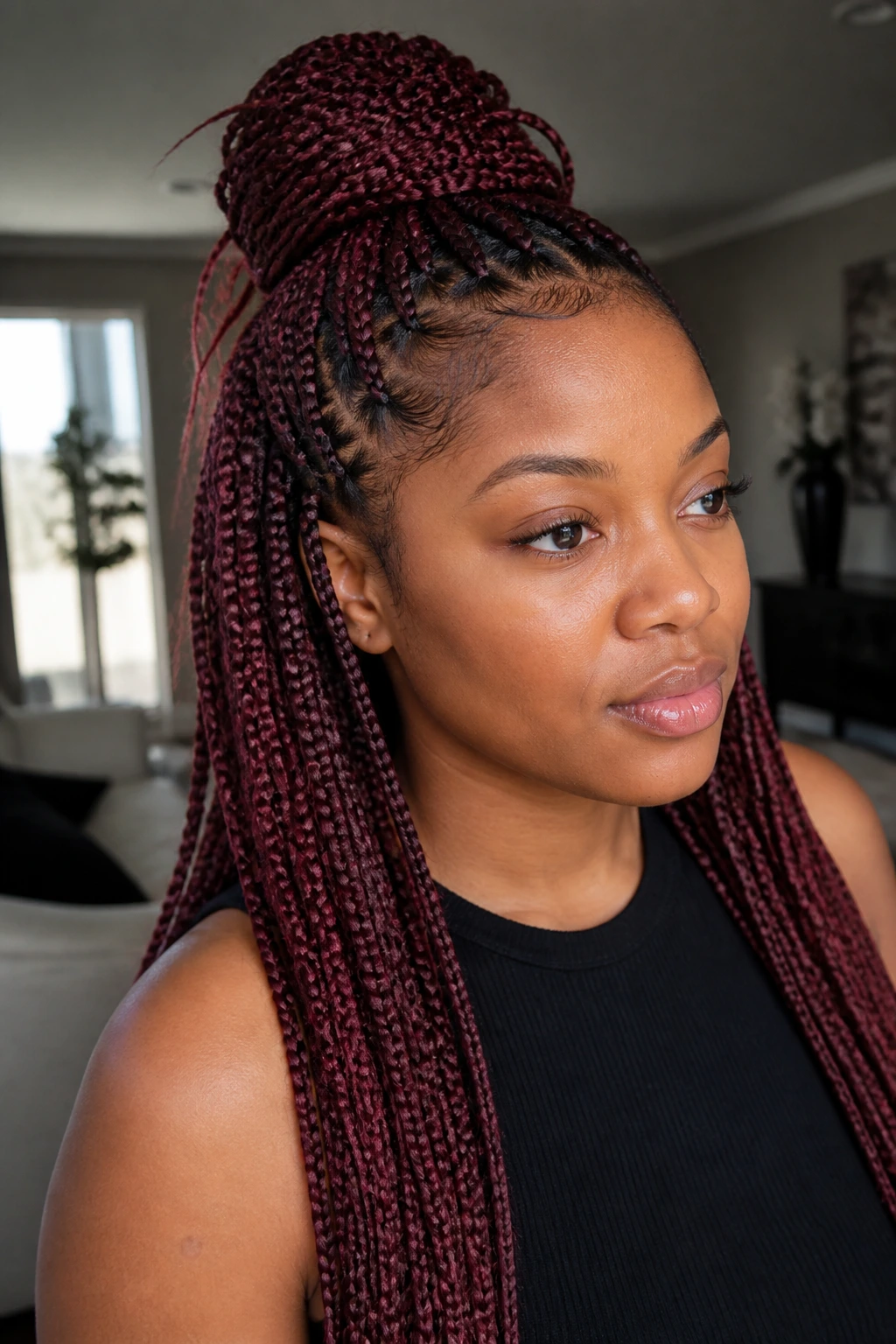 Close-up portrait of a real woman with half-up, half-down burgundy knotless braids showing crown color