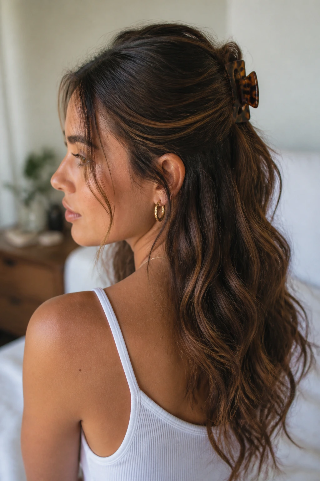 Woman with half-up twist secured by butterfly clip