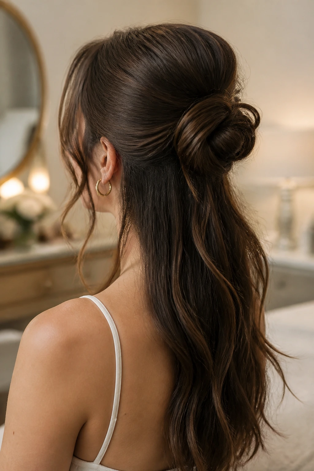 Close-up of a real person with a half-up chignon showing length below the bun.