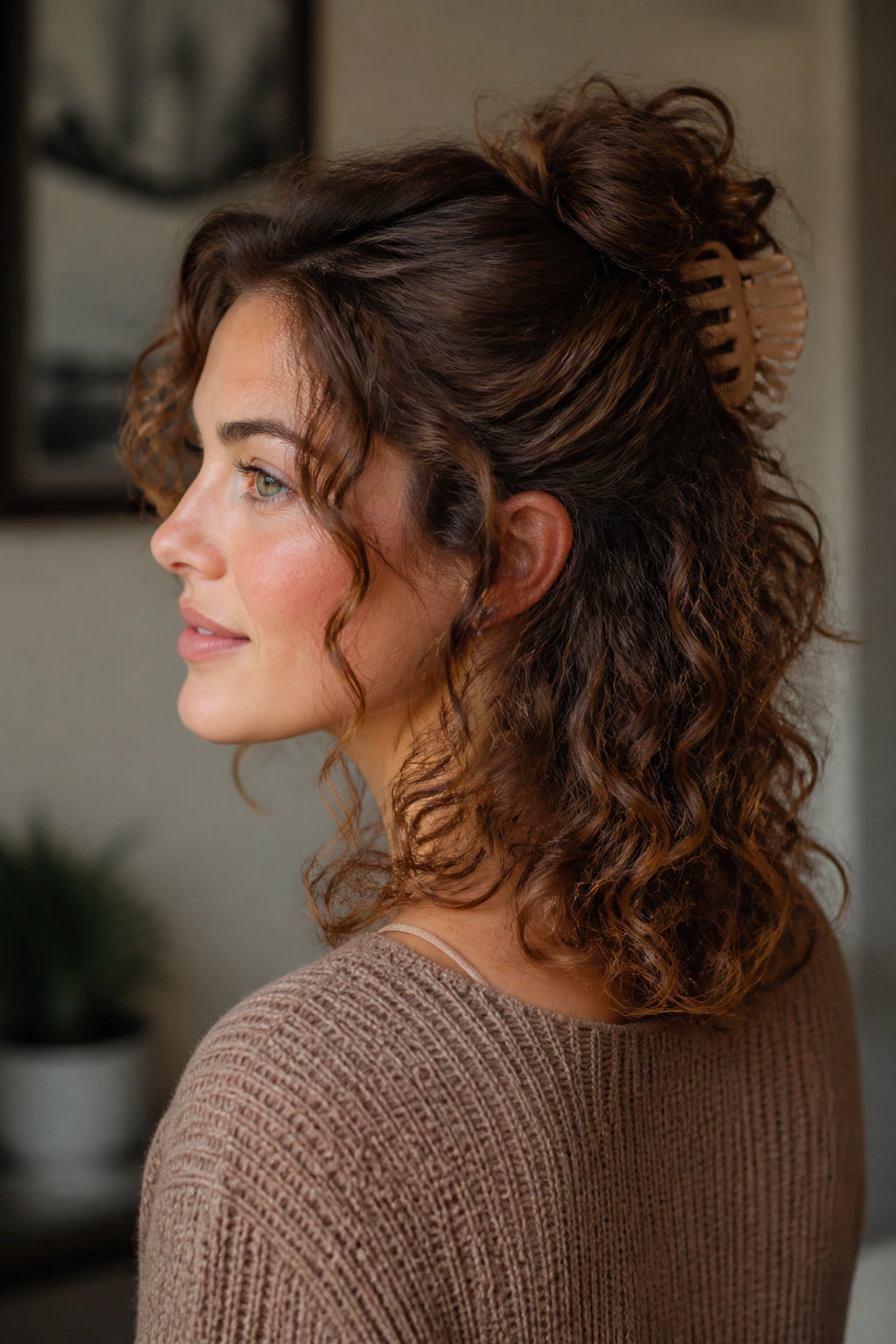 Close-up of a real woman with a half-up hairstyle secured by a claw clip and cascading curls