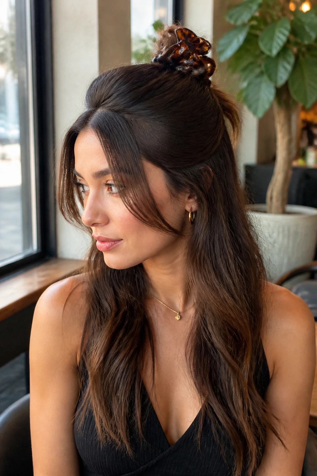 Front portrait of a real woman with a half-up claw clip hairstyle in warm daylight