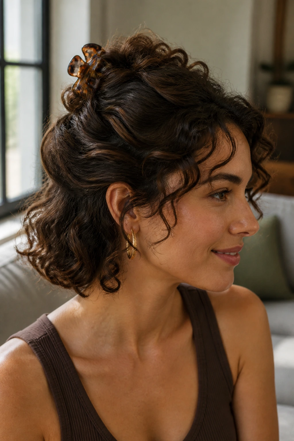 Close-up portrait of a real woman wearing a half-up hairstyle secured with a claw clip.