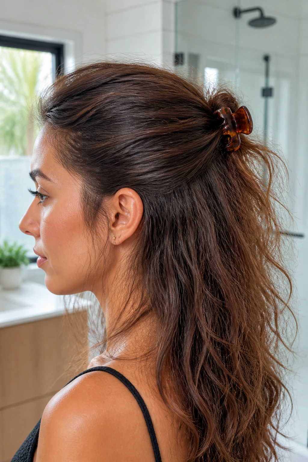 Close-up of a real woman with half-up claw-clip sweep hairstyle in a bright bathroom