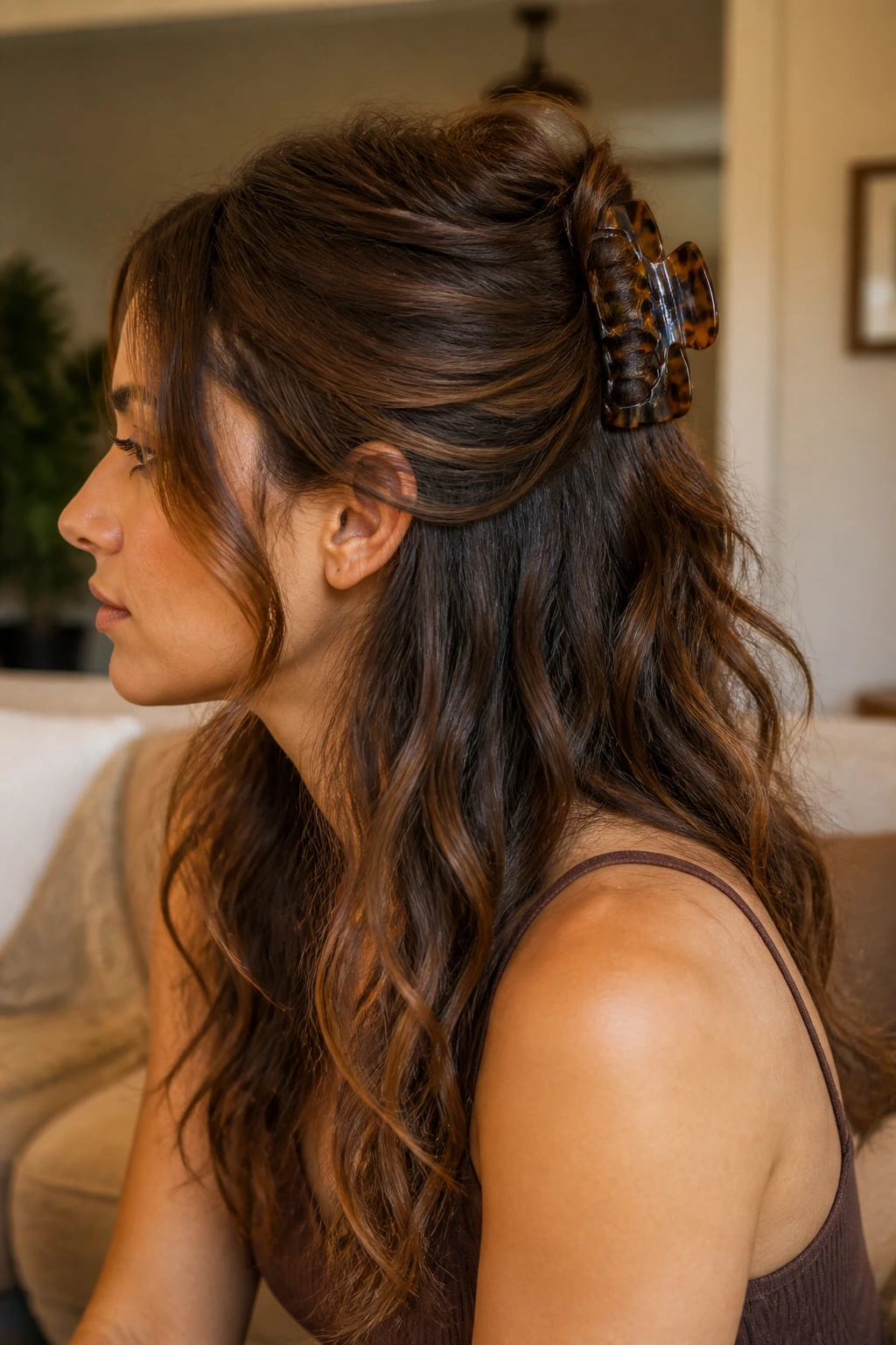 Real woman with half-up twist secured by a claw clip in thick waves