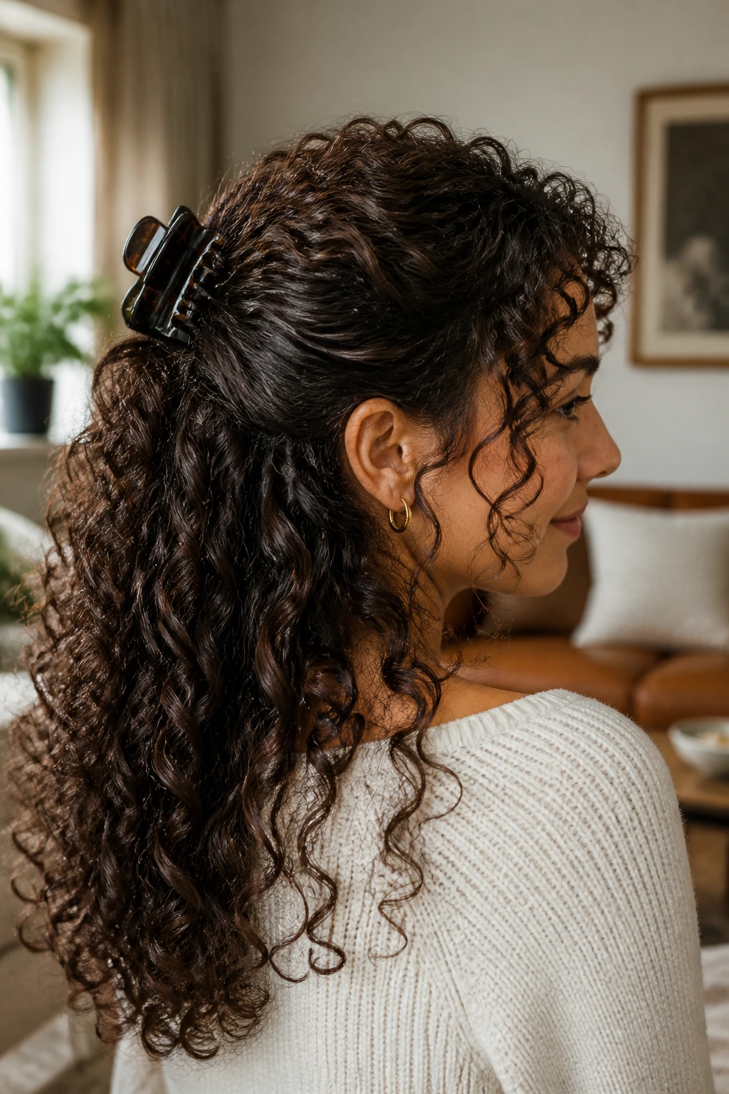 Close-up of a half-up twist secured with a claw clip on a real person.
