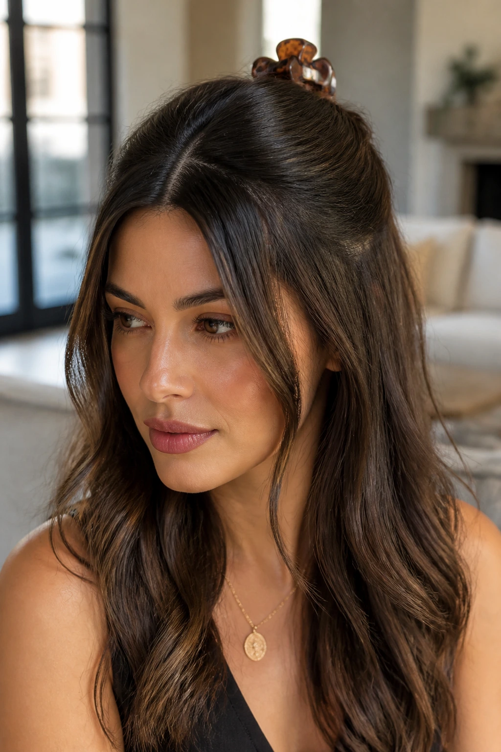 Real woman with half-up claw clip twist and center part