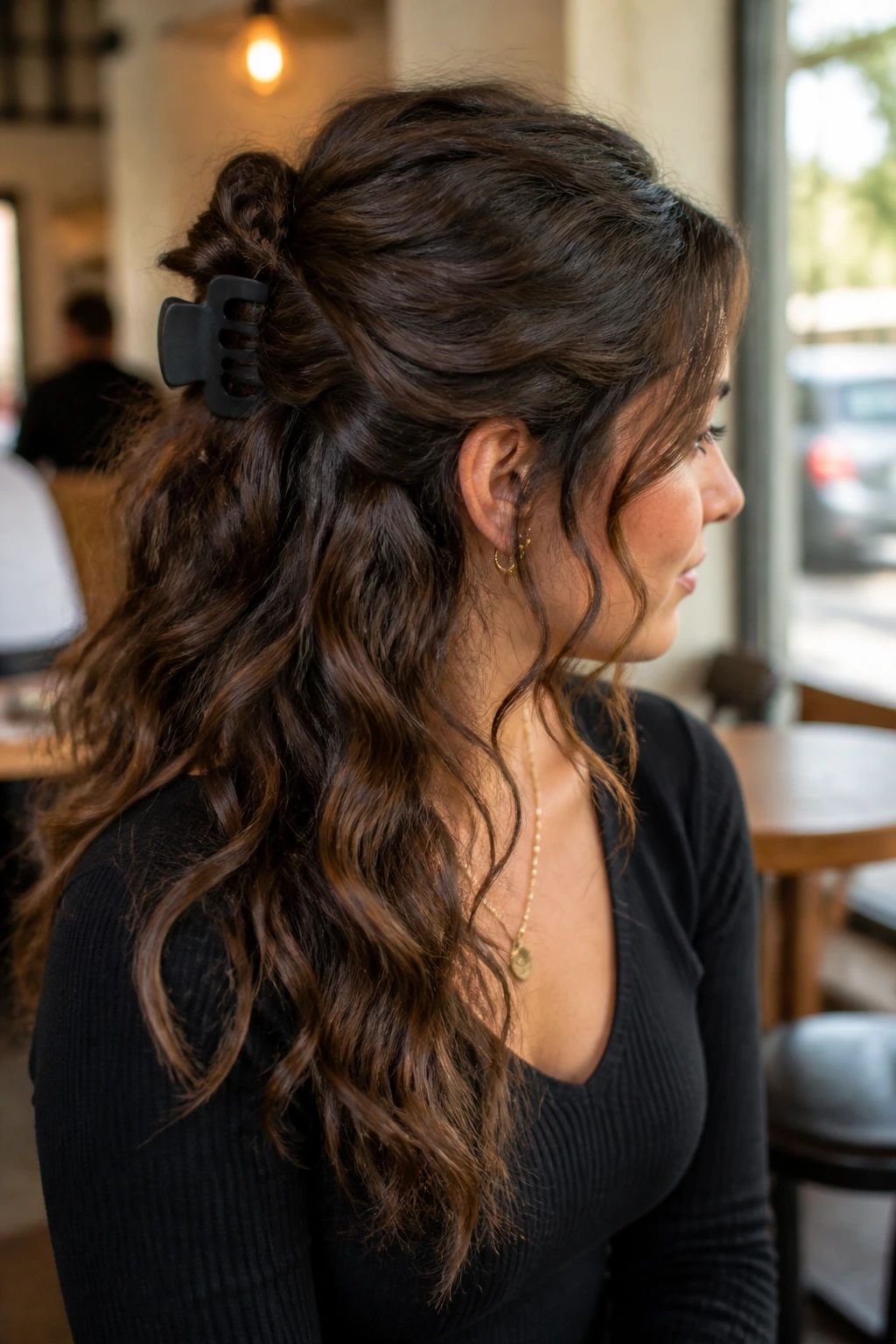 Close-up of a real woman with half-up claw clip twist on thick wavy hair