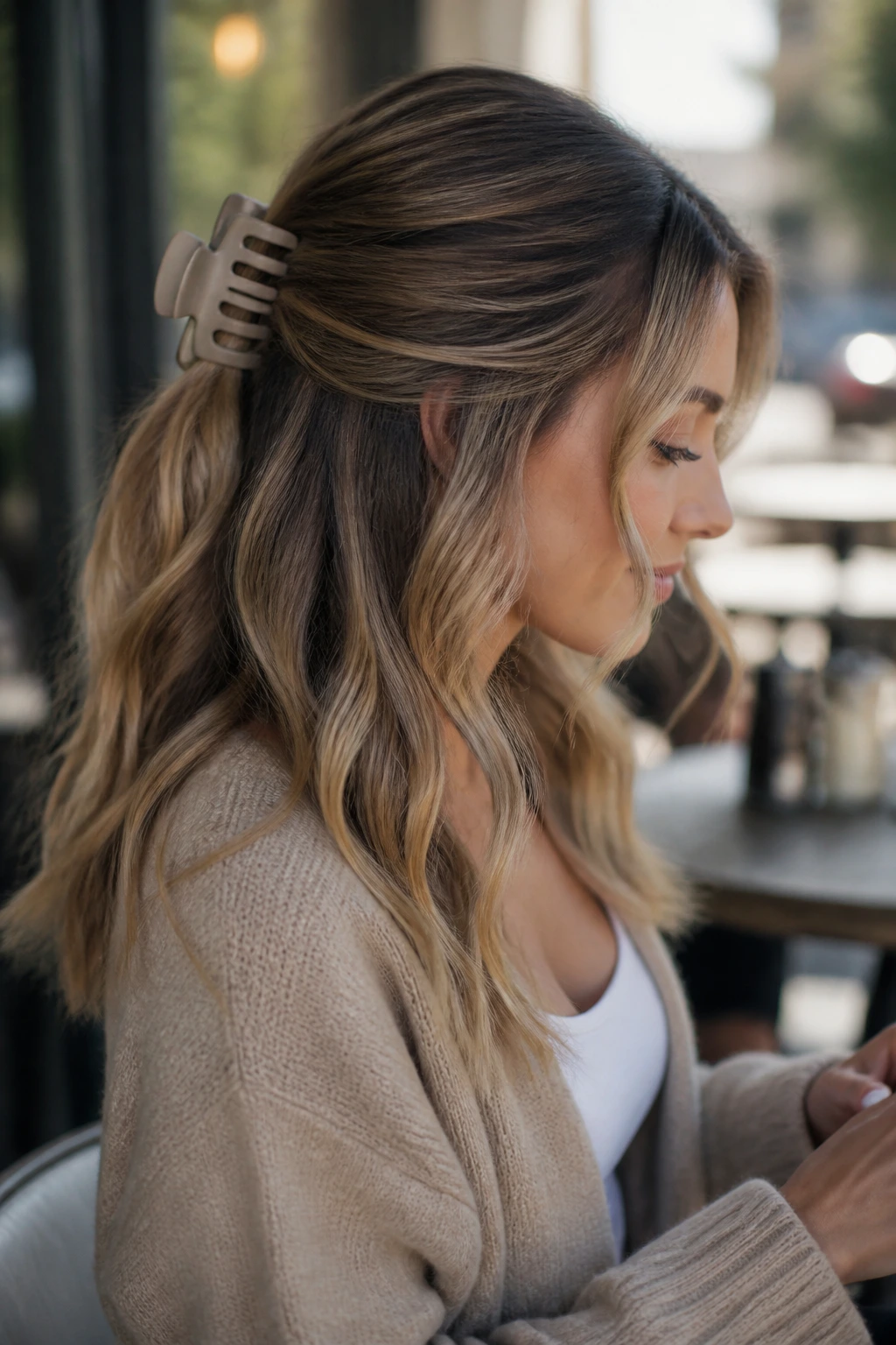 Close-up of a real woman in half-up waves held with a claw clip