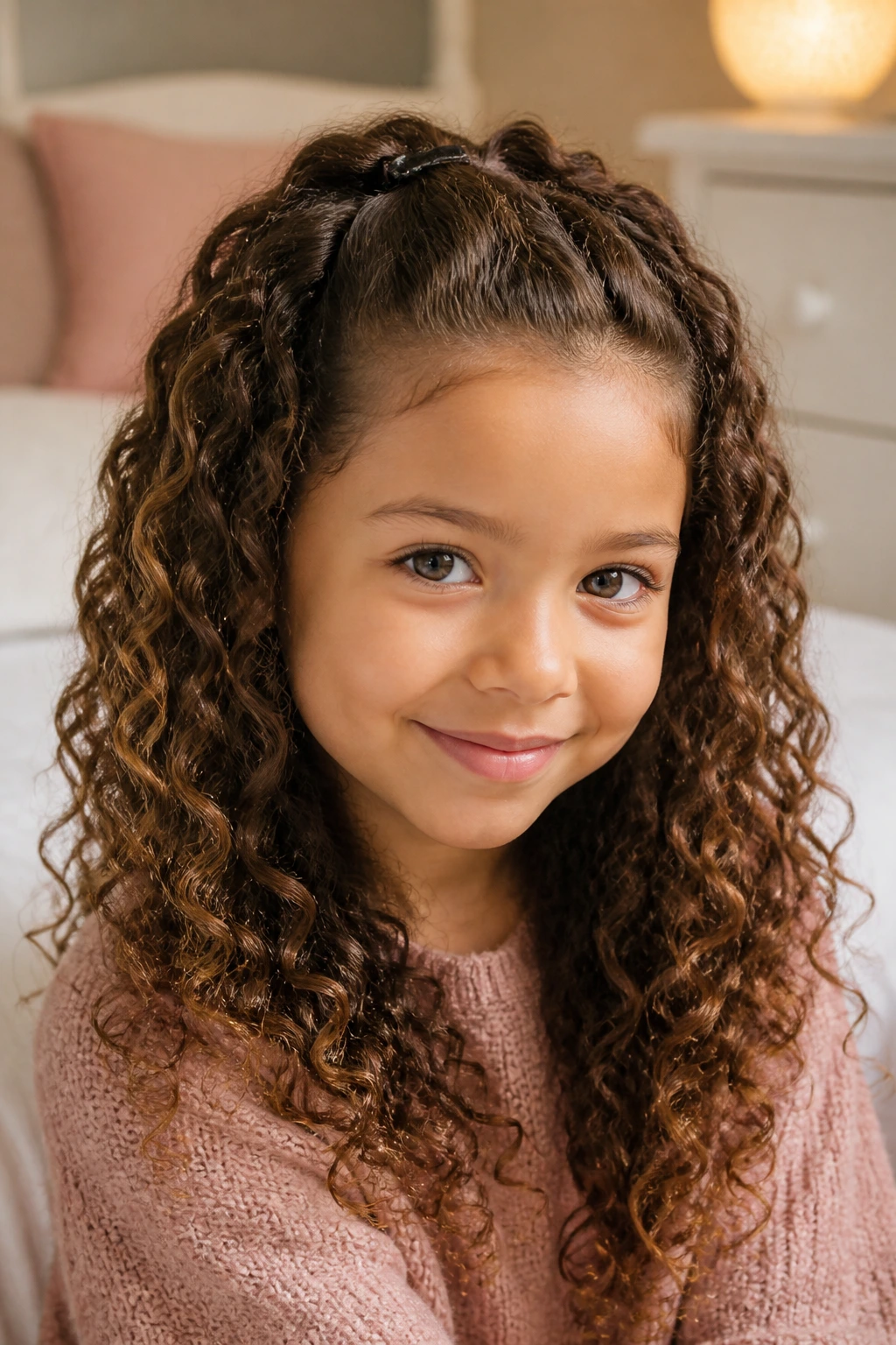 Child with half-up clip-back and loose ringlets in a warm room.
