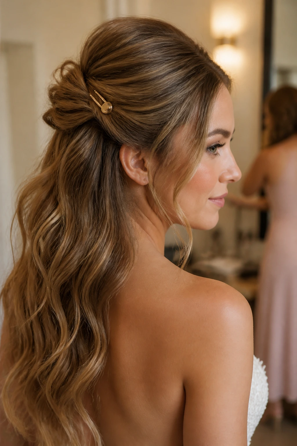 Bride's head in a half-up hairstyle with a minimalist metal clip accent
