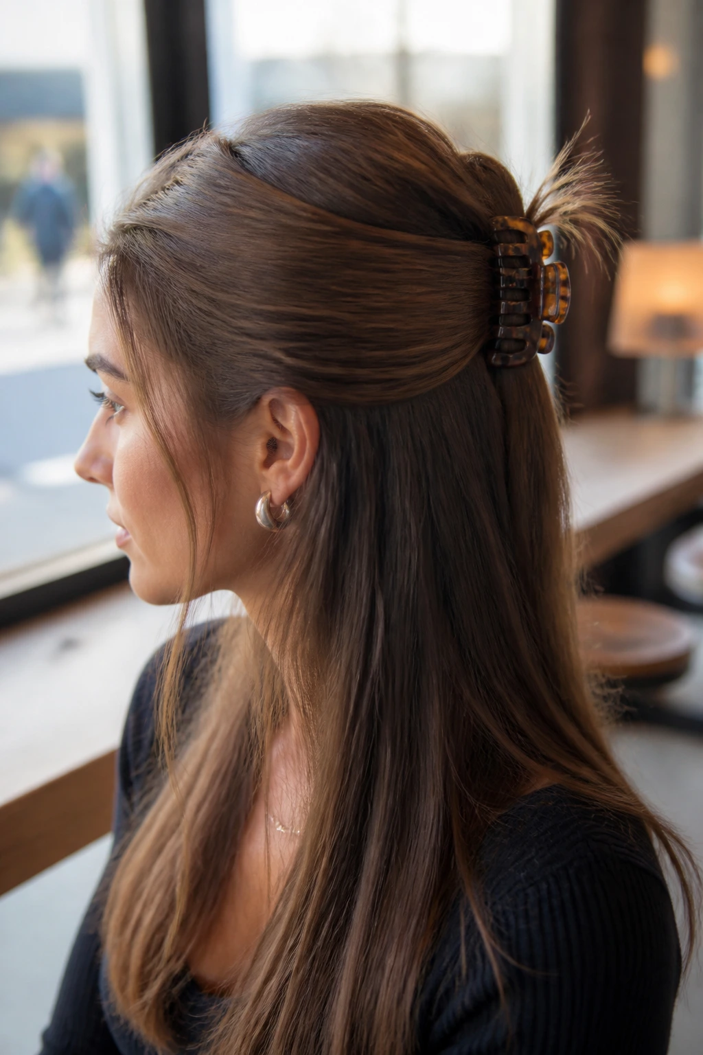 Real woman with half-up twist secured by a claw clip in daylight