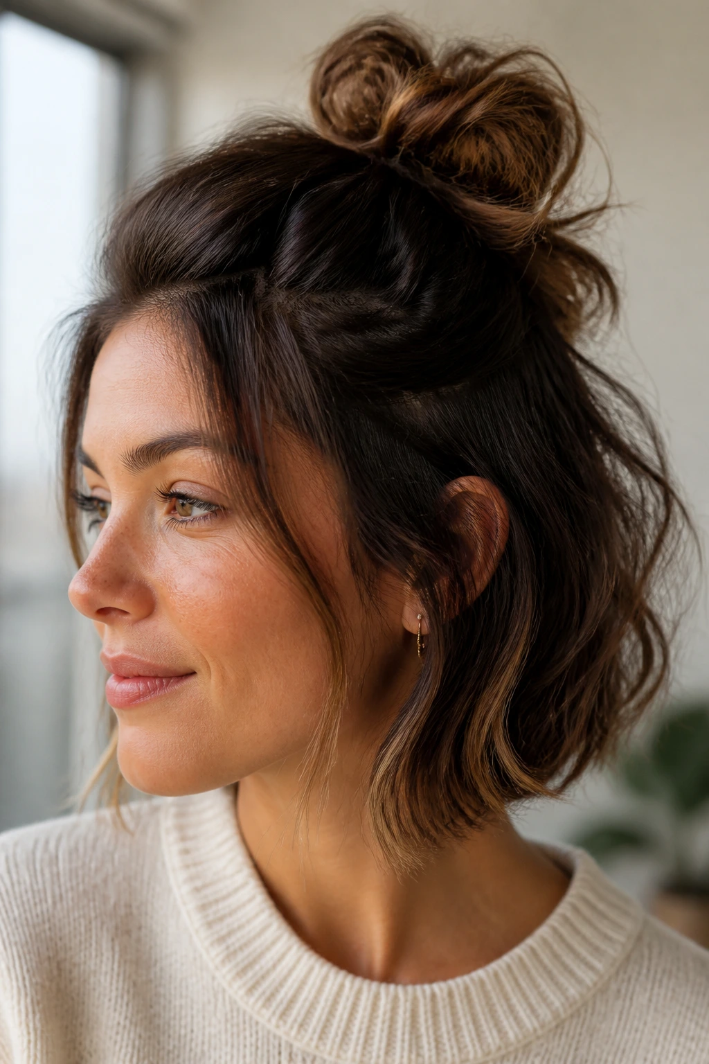 Portrait of a real person with a half-up cloud bun at the crown, hair down at the sides