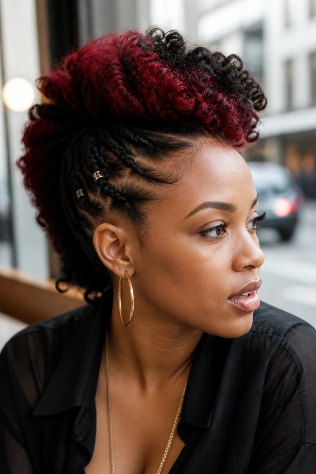 Real woman with half-up color pop hawk featuring burgundy stripe