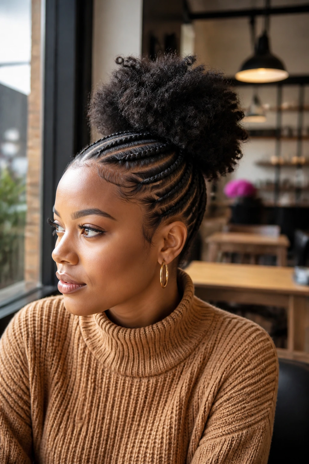 Real person with half-up side cornrows and a high puff