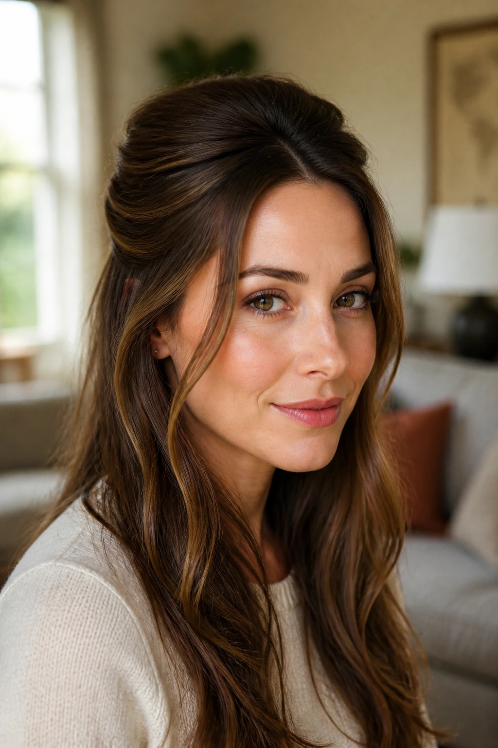 Close-up of a woman with half-up crown volume