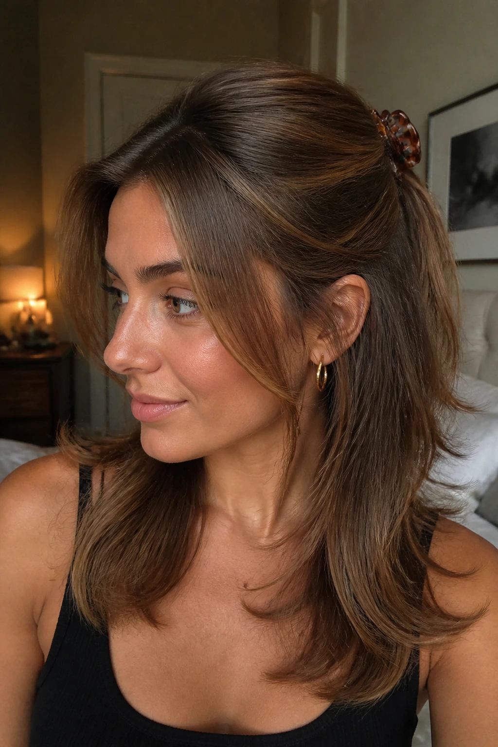 Close-up of a real woman with half-up crown lift blowout