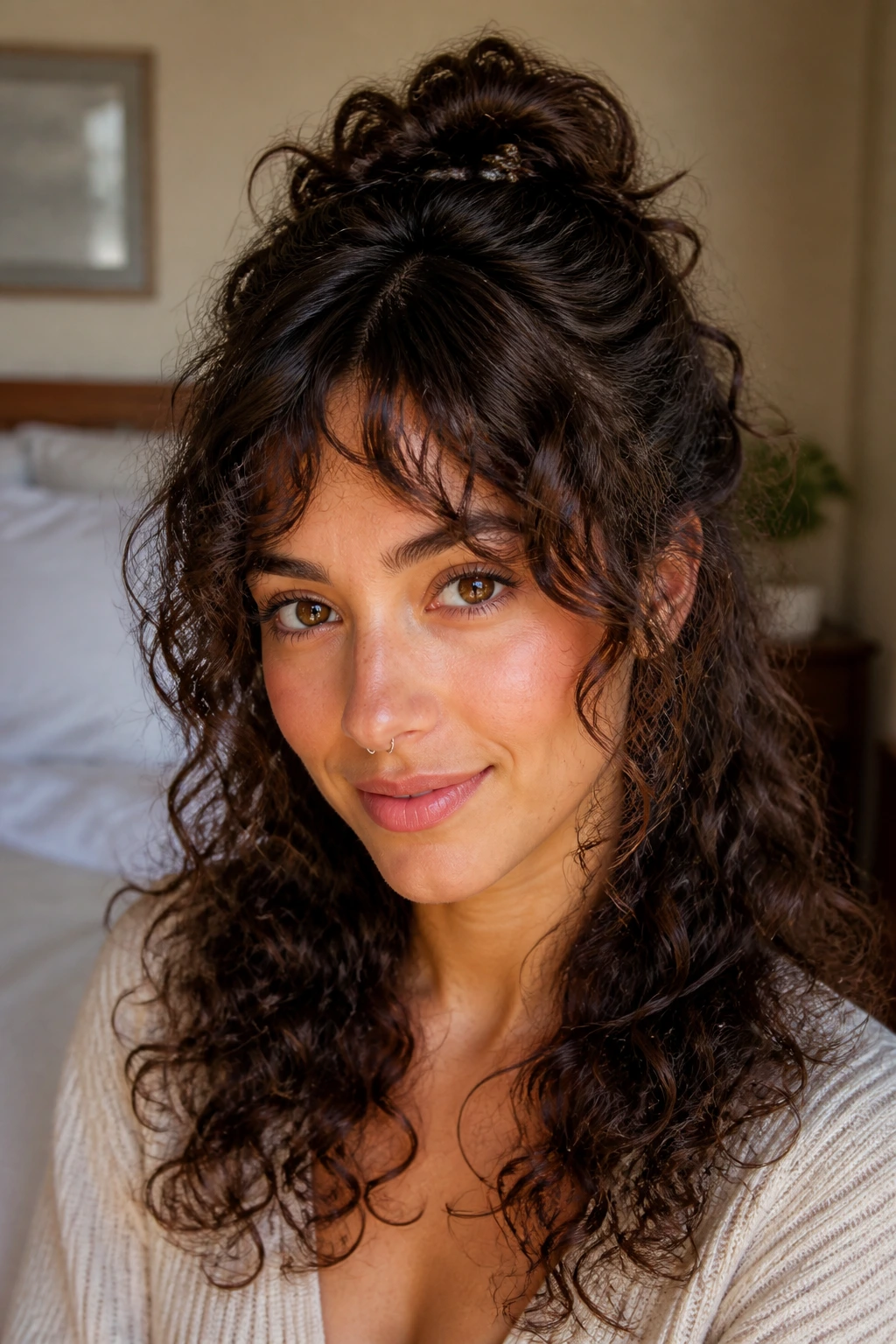 Close-up portrait of a real woman with half-up curly crown and bottleneck bangs in warm bedroom light
