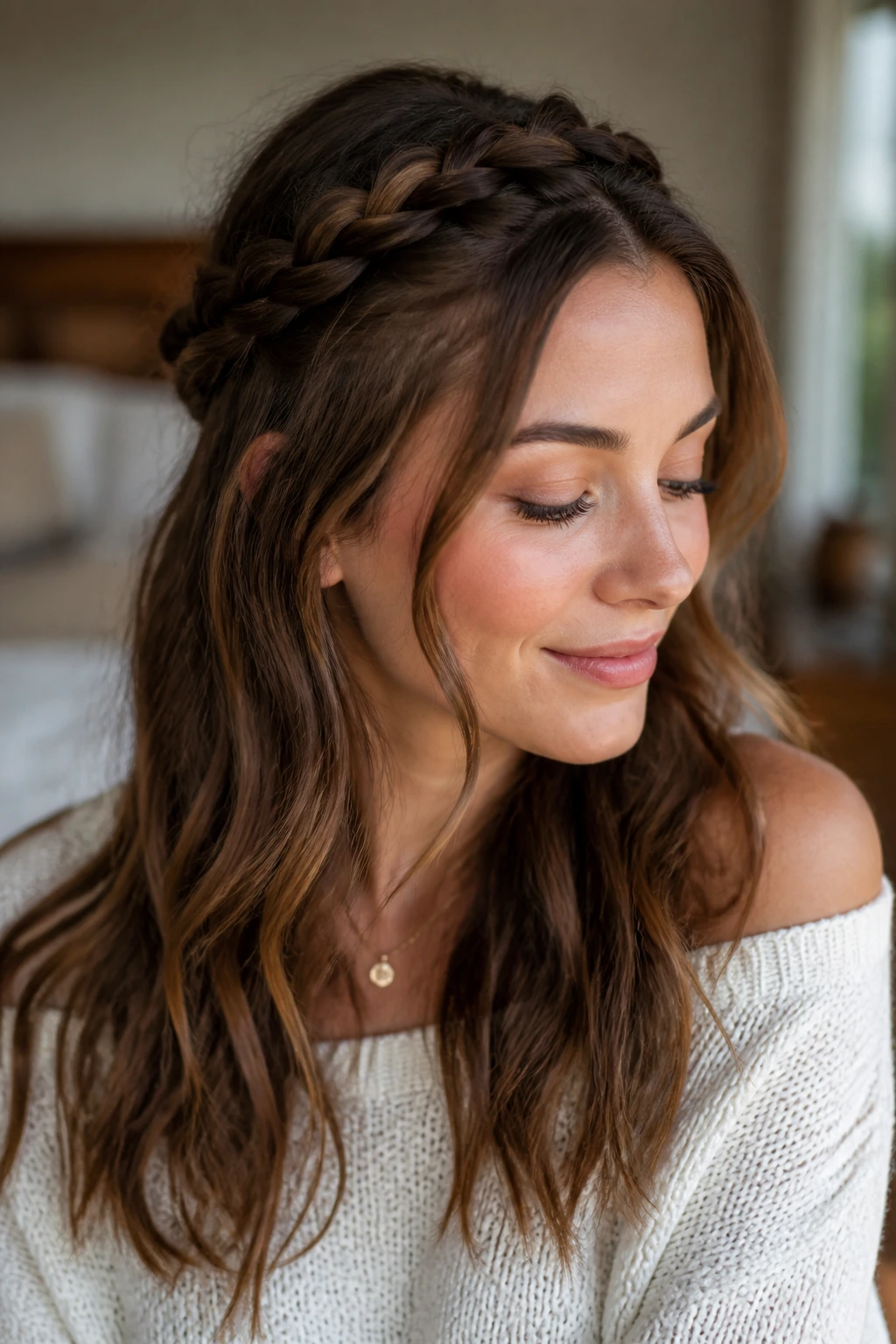 Close-up of a real woman wearing a half-up braided crown