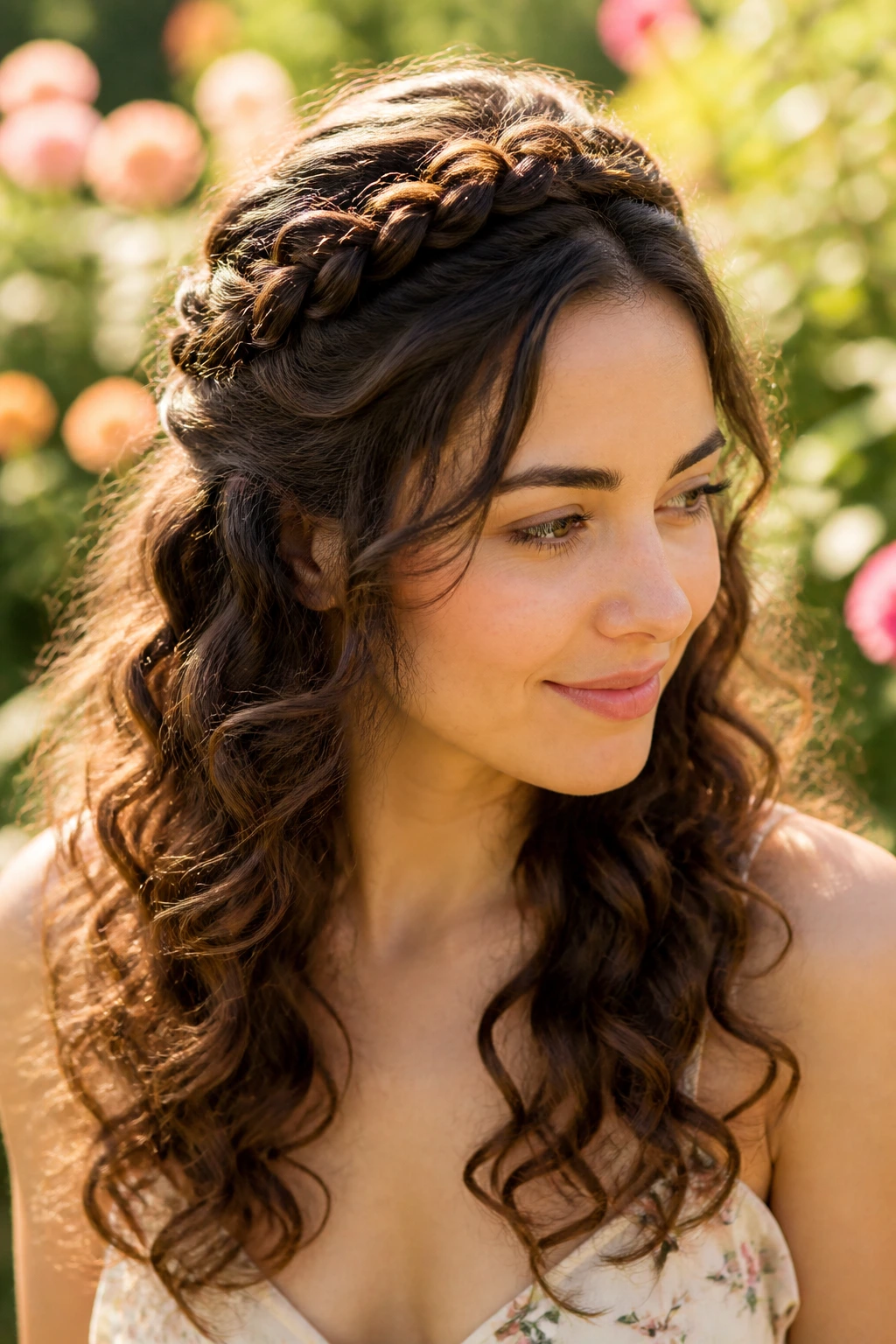 Close-up of a woman with a half-up braided crown in a sunlit garden