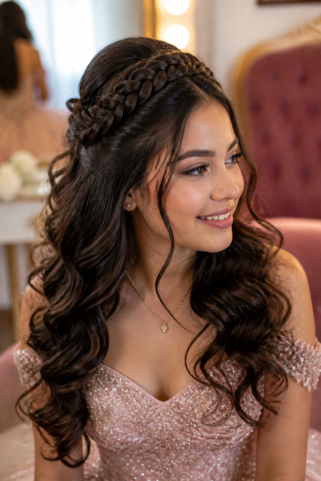 Close-up portrait of a real woman with Voluminous Half-Up Half-Down With a Crown Braid.