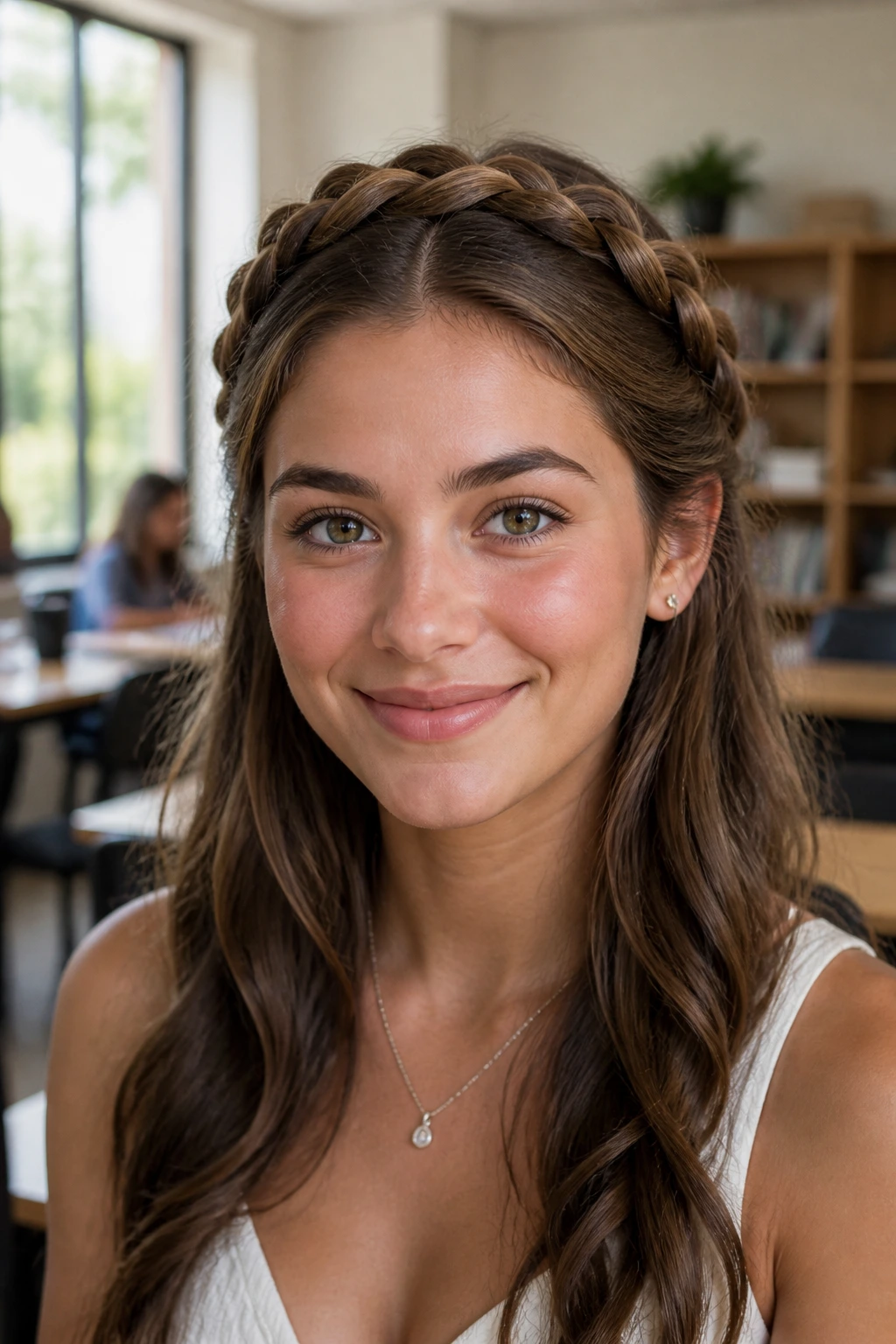 Close-up of a graduate with a half-up crown braid under a cap