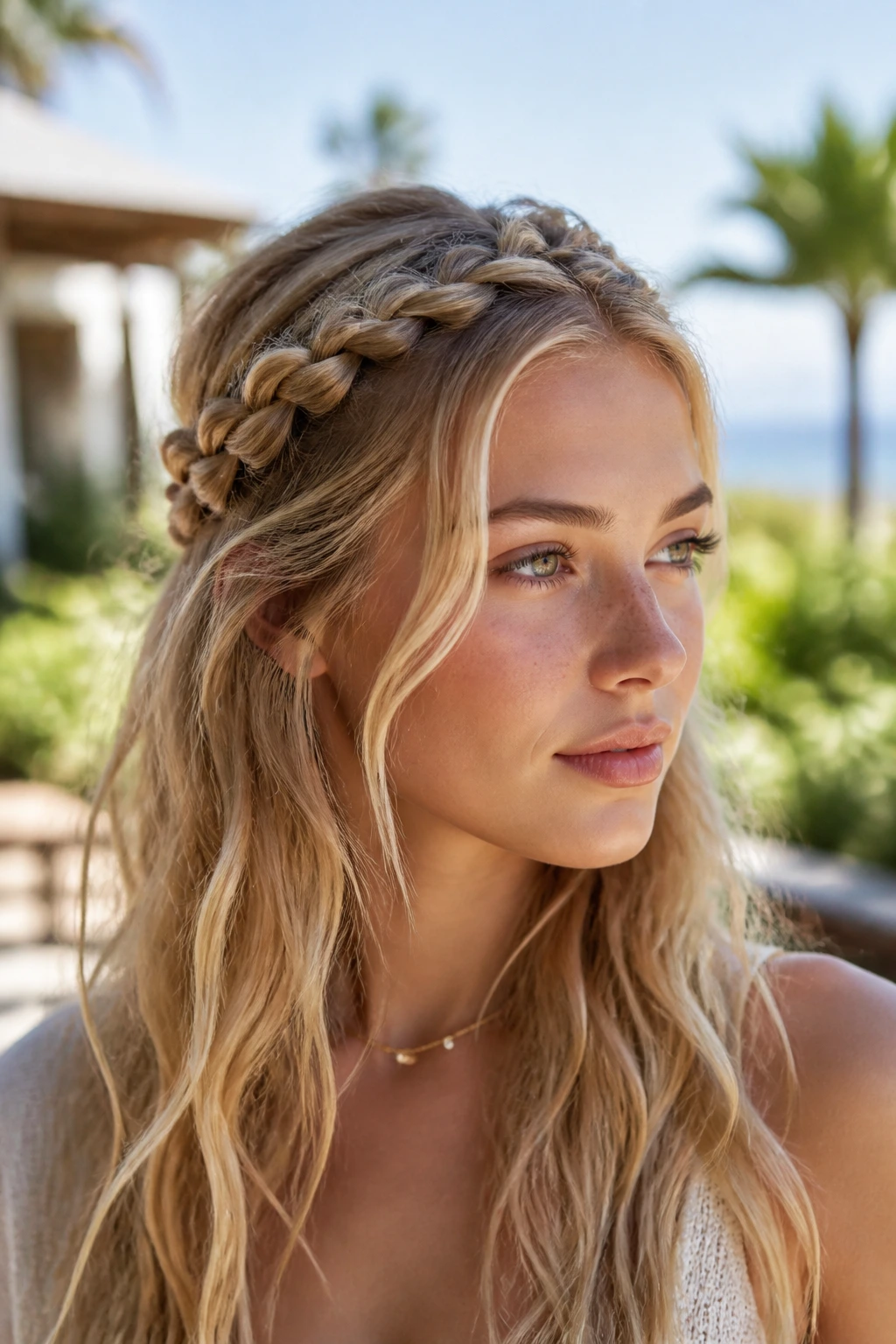 Close-up of a real woman wearing a half-up crown braid at the beach