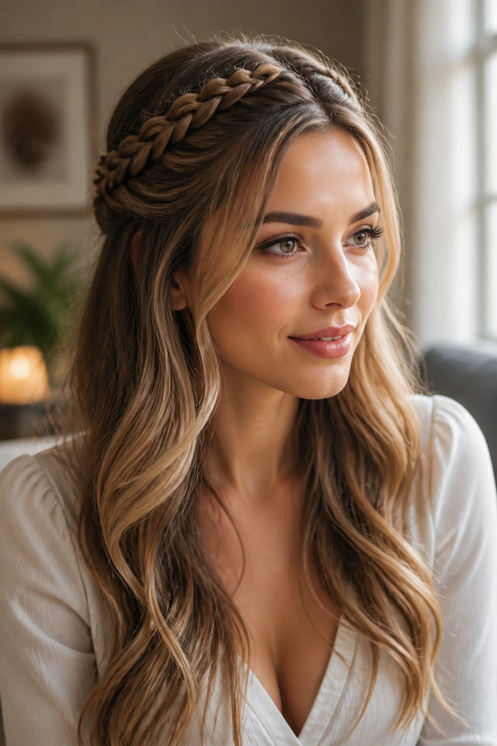 Real woman with a half-up braided crown and loose waves.
