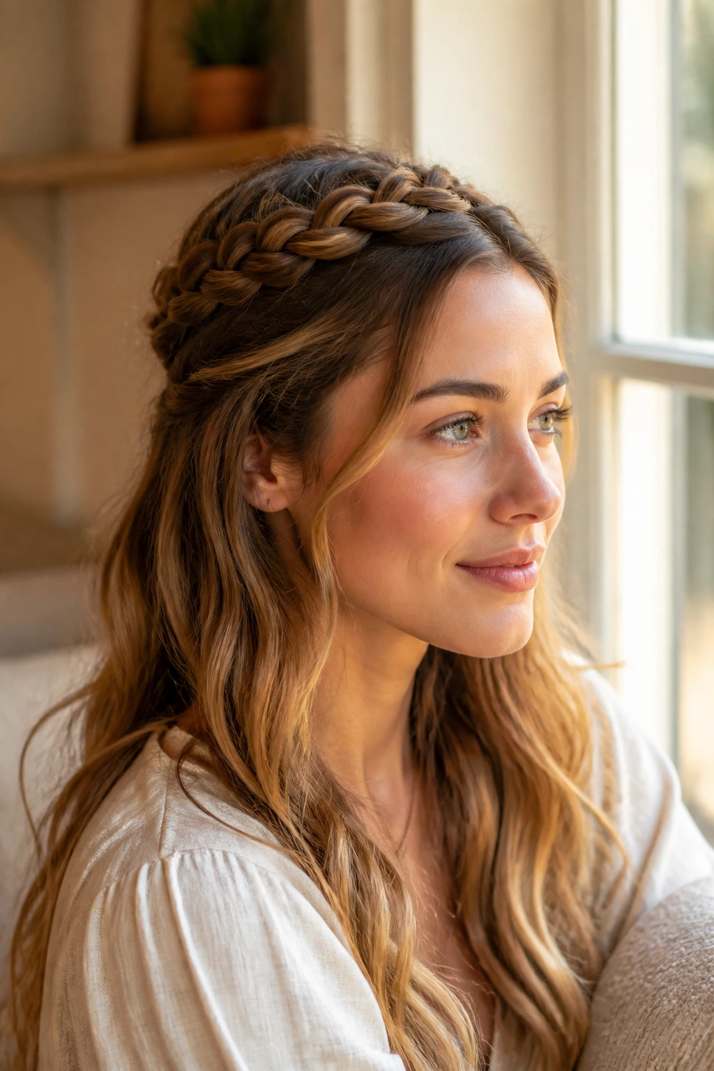 Real woman wearing a half-up crown braid with loose hair below the braid