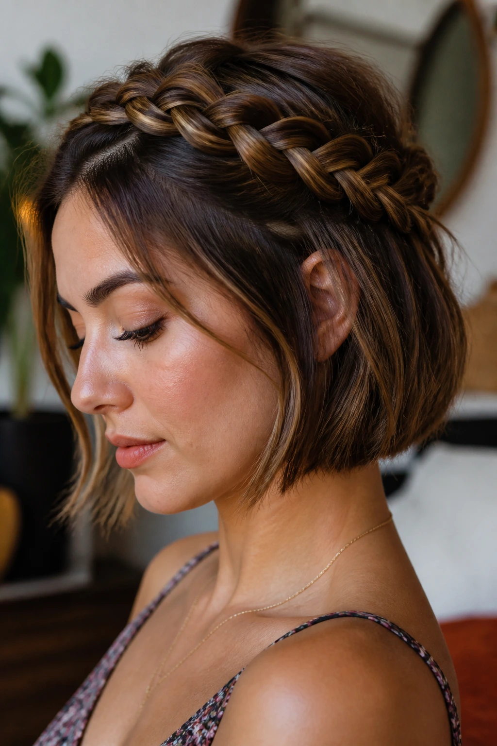 Short bob with half-up crown braid