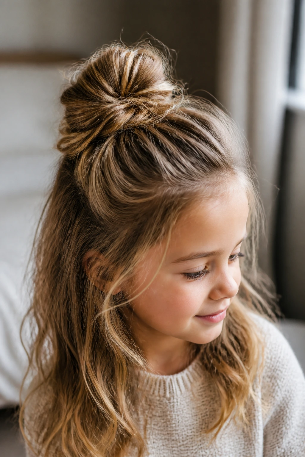 Half-up crown messy bun on a real girl's head with loose lower hair