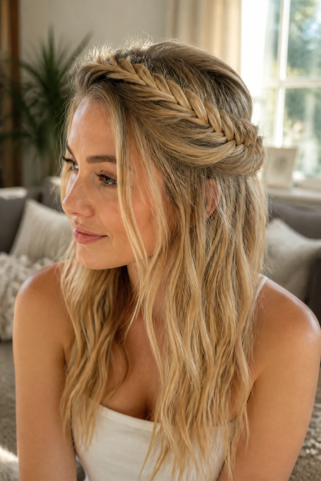 Side-profile close-up of a real person wearing a half-up crown fishtail braid