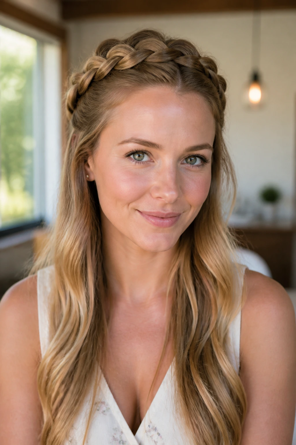 Half-up crown braid on real woman with temples cleared