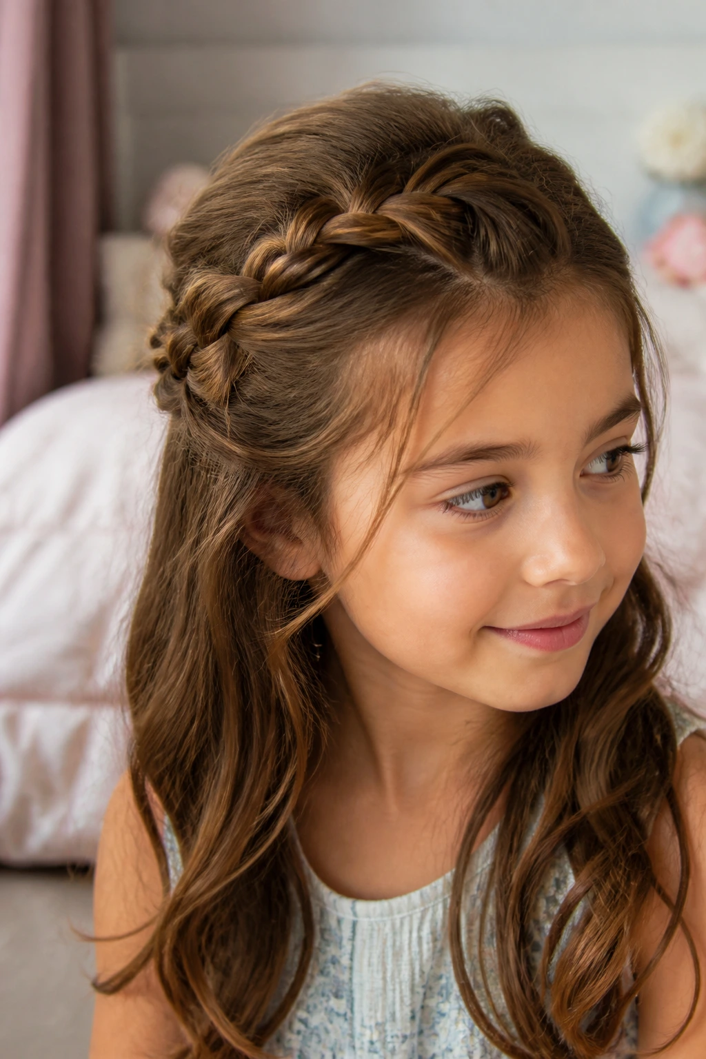 Close-up of a young girl with a half-up crown braid under natural window light