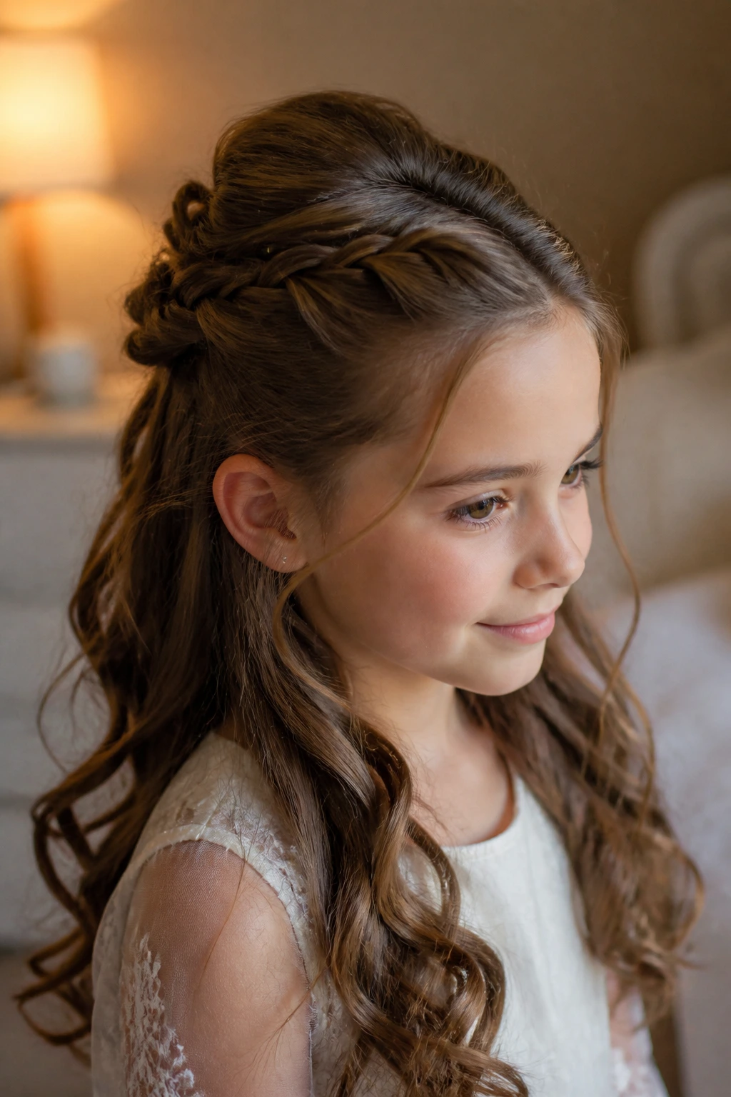 Girl with half-up crown hairstyle in warm bedroom light