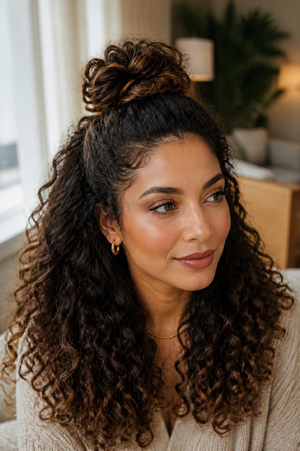 Close-up of real woman with thick curly hair in a half-up crown knot