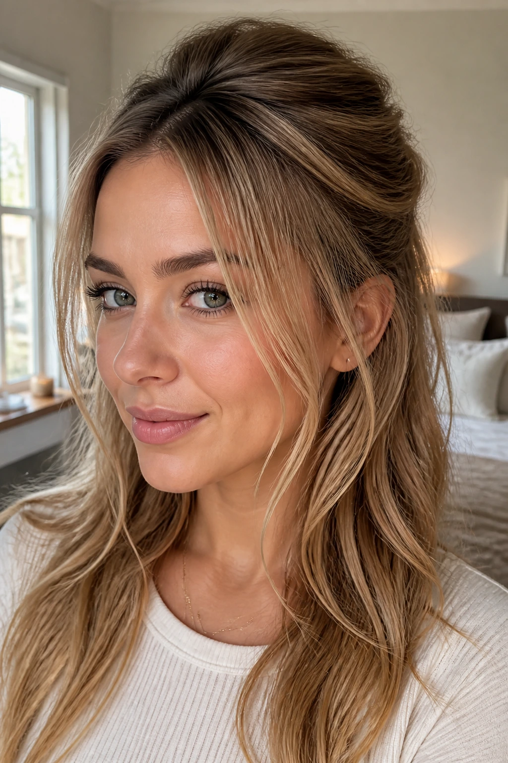 Close-up of a real woman with a half-up crown lift