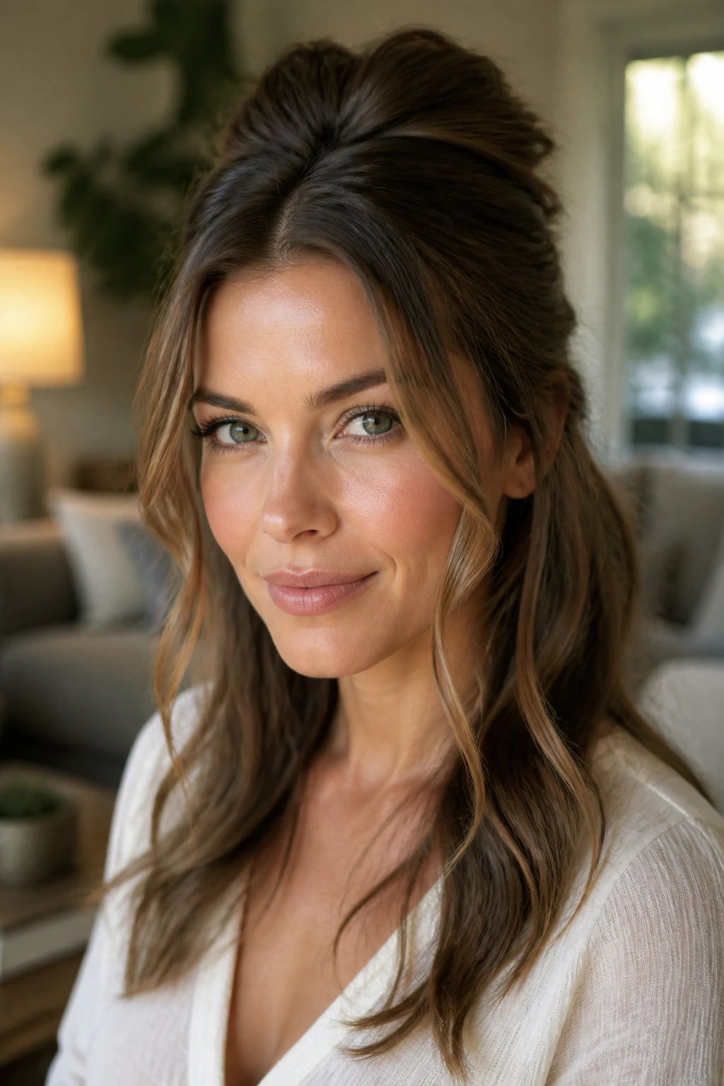 Close-up of a real woman with half-up hair and crown lift