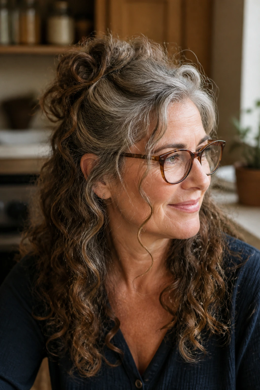 Real woman showing half-up crown lift with loose tendrils and glasses