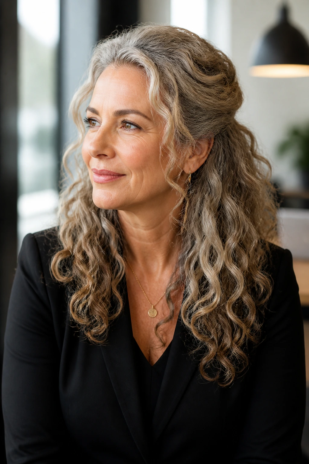Real woman with half-up crown lift hairstyle in an office setting