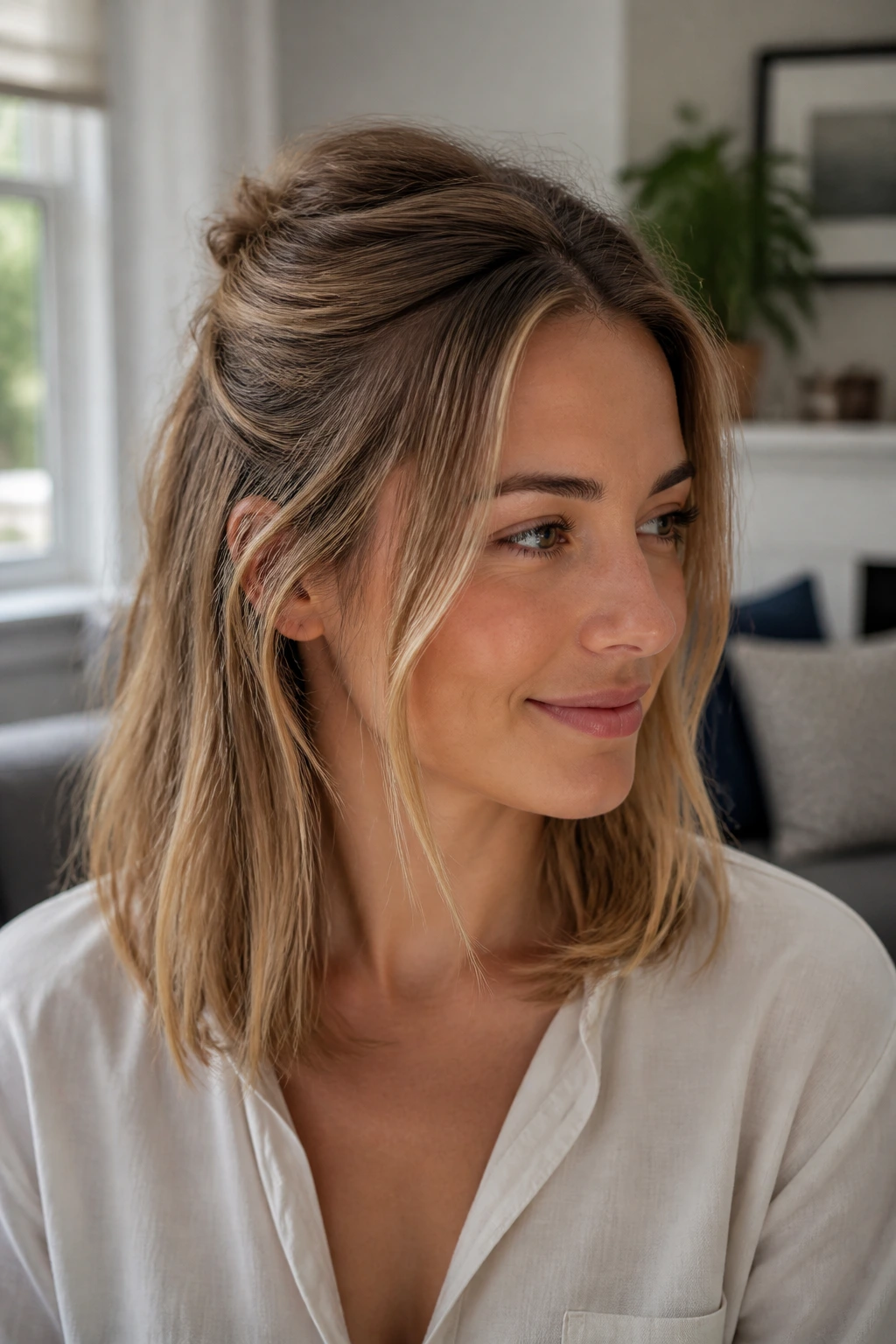 Close-up portrait of a real woman with a half-up crown lift hairstyle