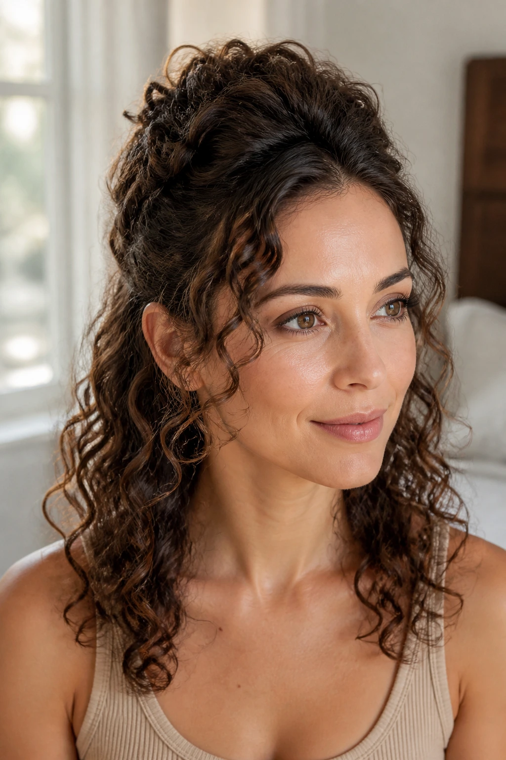 Close-up of a real woman showing a half-up crown lift with hair gathered at the crown and loose curls at the ears.