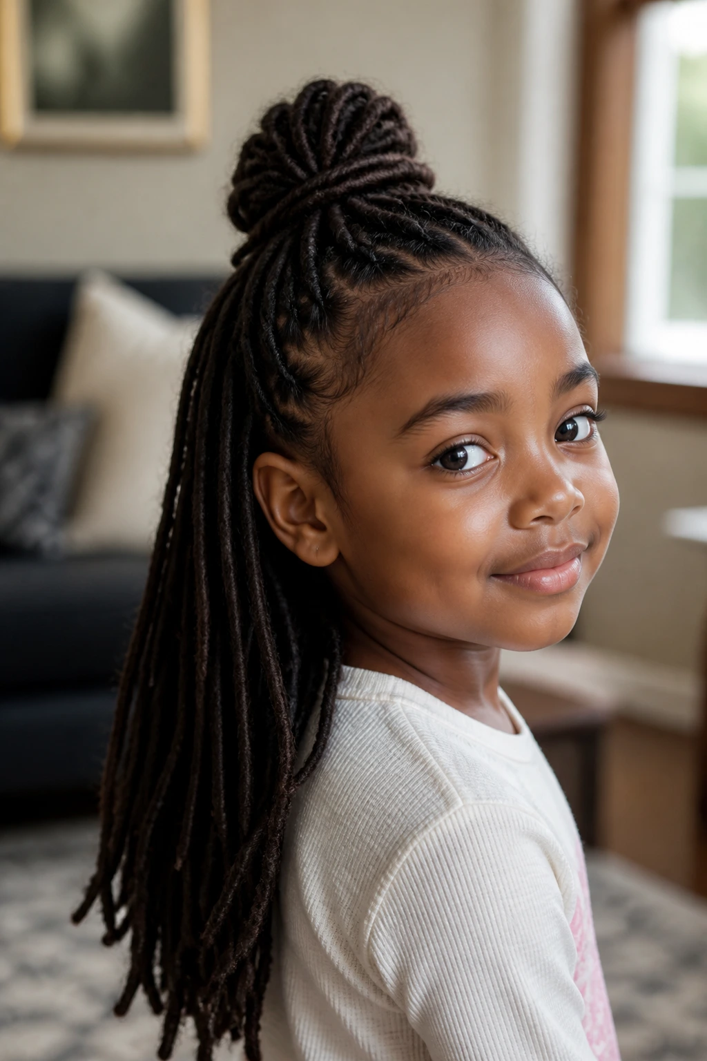 Child with half-up crown locs and flowing length.