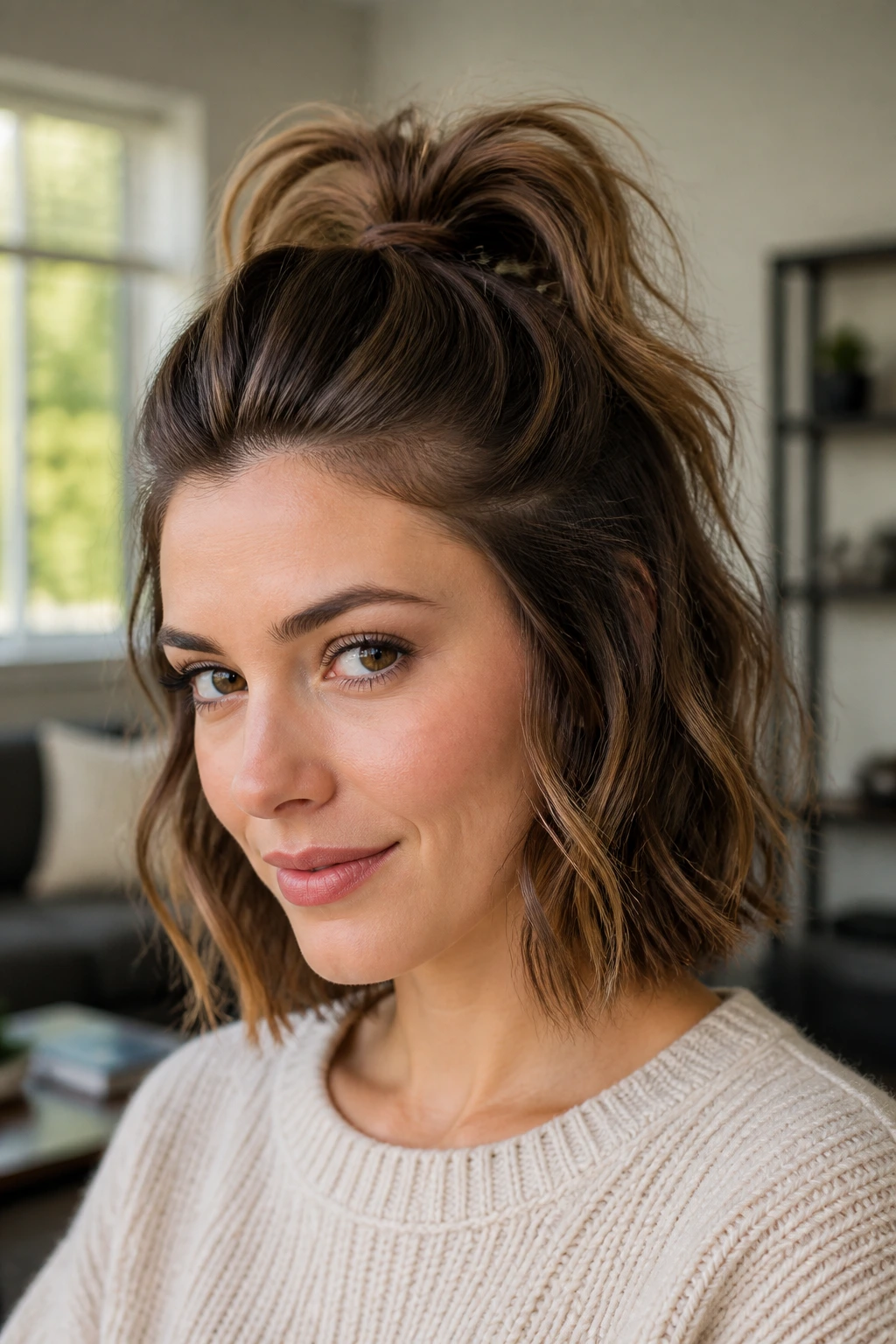Portrait of a bob-length hairstyle with half-up crown pony visible from the crown to the loose bottom